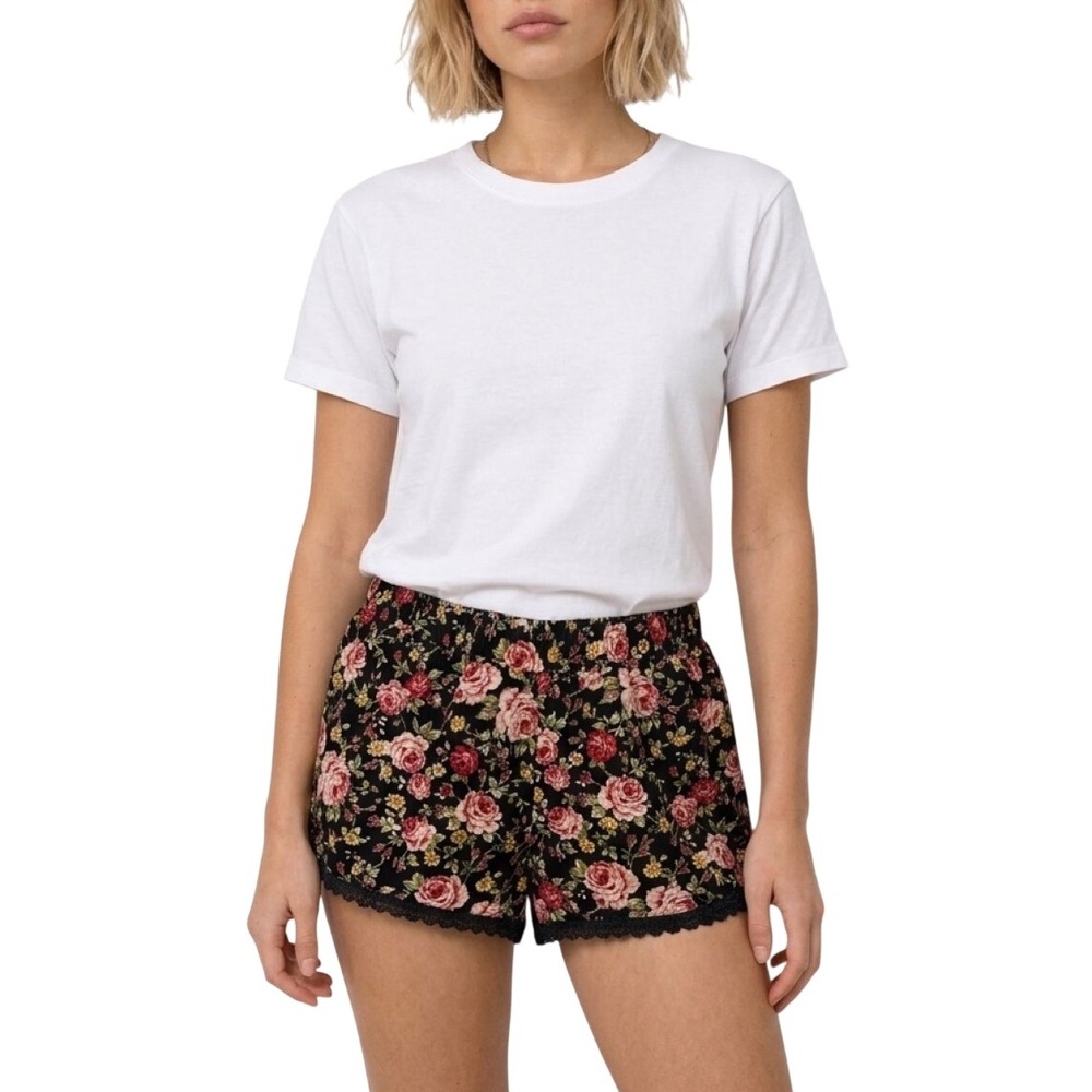 Raga Floral Shorts Womens Medium Black Pink Lace Trim Cotton Loungewear